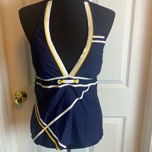 Nautica Halter Tankini Top Navy White Yellow Sz 14